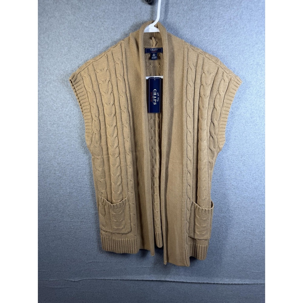 Chaps Sweater Vest Womens Medium Beige Cable Knit‎ Open Front Cardigan Pockets